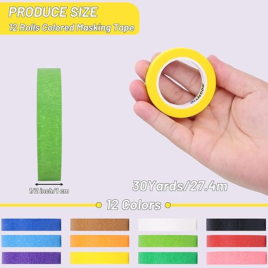 12 Rolls Colored Masking Tape-1/2 inch x 1080 Ft Painters Tape, Rainbow Colors Rolls Bulk Kids Colorful Paper Marking Tape Decorative Arts Crafts Labeling DIY School Classroom Supplies
