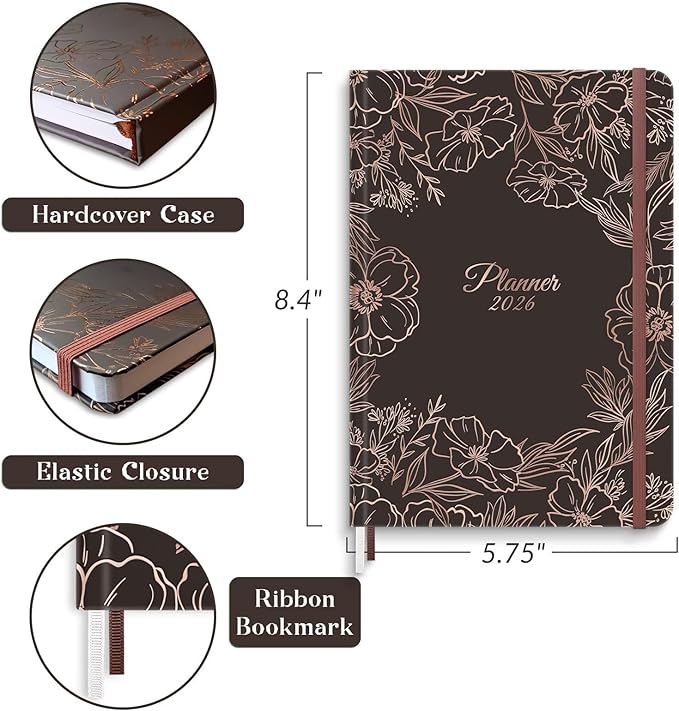 2026 Planner, 12 Month Weekly and Monthly Calendar 2026, Hardcover Daily Agenda Planners from Jan. to Dec, Habit Tracker Journal with Ribbon Bookmark 5.75" x 8.4"(Gold Flower)