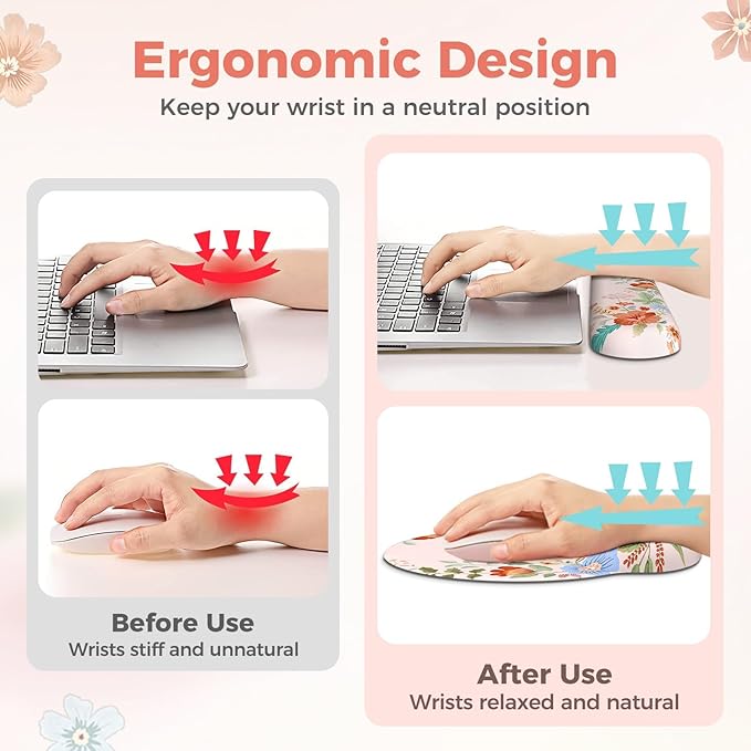 Pink Desk Cover Mat, Ergonomic Mouse Pad with Wrist Support, Girly Aesthetic Office Stuff, Scalloped Floral Desk Protector for Office Must-Haves, Work
