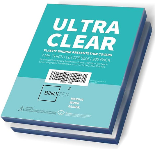 Binditek 200 Pack 7 Mil Clear Covers for Binding, Ultra Clear, 8.5 x 11 Inches, Letter Size, Square Corners, Un-Punched, Office Supplies