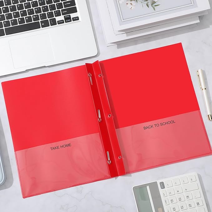 Henoyso 48 Pcs Plastic Folders with Clear Front Pocket and 3 Prong Take Home Plastic 2 Pocket Folder Back to School for Students Parent Teacher Communication for School Office (Red)