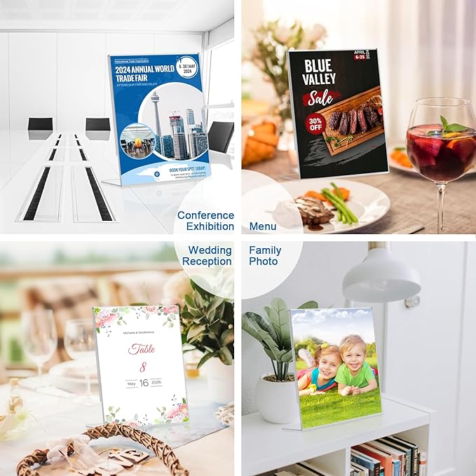 BlueValley Acrylic Sign Holder 8.5 x 11 Table Display Stand – Vertical Clear Plastic Paper Sign Frame for Flyer, Menu, Document – Free Standing Desk Photo Holder for Office, Home, Store, School, 6Pack