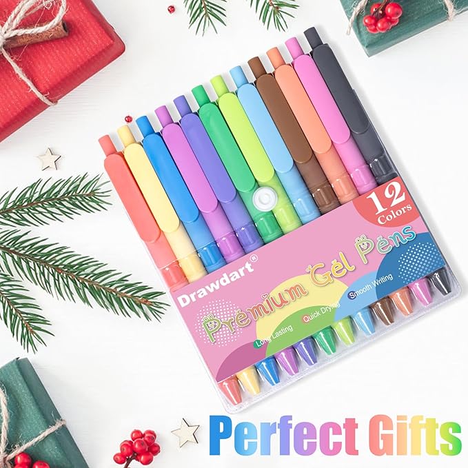 Gel Pens 12 Colors Retractable Quick Dry Ink Pens Fine Point 0.7mm, Smoooth Writing Pens Multicolor for Journaling, Drawing, Doodling, and Note Taking, Multicolor, 12-Count
