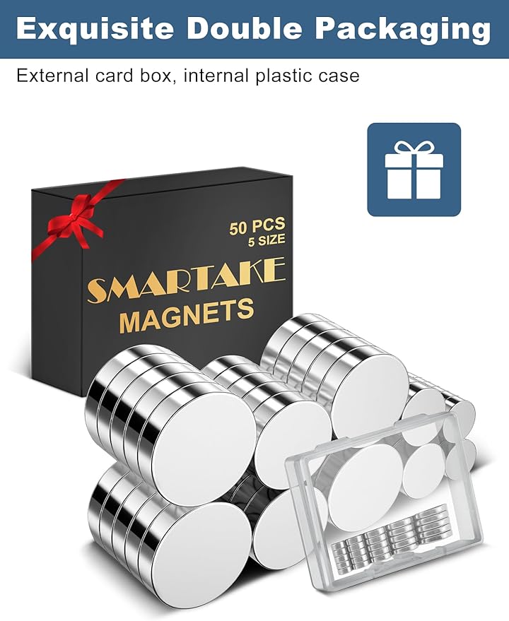 SMARTAKE 50 Pcs Rare Earth Magnets, 5-Size Small Round Fridge Magnets, Multi-Use Premium Office Magnet for Fridge, Office, Whiteboard, Crafts, DIY Hobbies, Kitchen, Science(Silver)