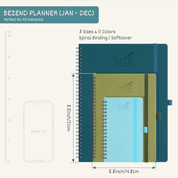 BEZEND 2026 Planner Weekly and Monthly (6" x 8.5" Spiral) Daily Calendar with Half-Hourly Timeslots & Tabs (Jan-Dec) Note & Expenses, Pen Holder, Inner Pocket, Vegan Leather Softcover - Red