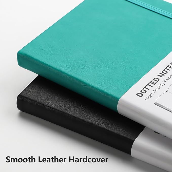 RETTACY Bullet Dotted Journal Notebook, 2-Pack, 160 Numbered Pages per Pack, A5 Medium Size (5.7'' x 8.3''), 120 GSM Thick Paper, Leather Hardcover, for Bullet Journaling (Black & Cyan)
