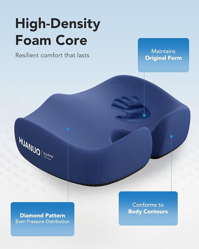 HUANUO Ergonomic Seat Cushion for Office Chair, Extra Large Car Seat Cushion, Tailbone and Back Support, Cooling Gel Enhanced, 4-Zone Pressure Relief Chair Cushions for Office, Car, Wheelchair