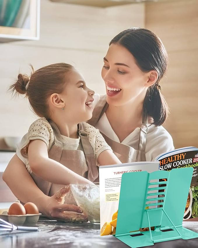 MSDADA Book Stand Metal Reading Rest Book Holder Adjustable Cookbook Documents Holder Portable Sturdy Bookstands for Recipes Textbooks Tablet Music Books with Page Clips (Light Green)