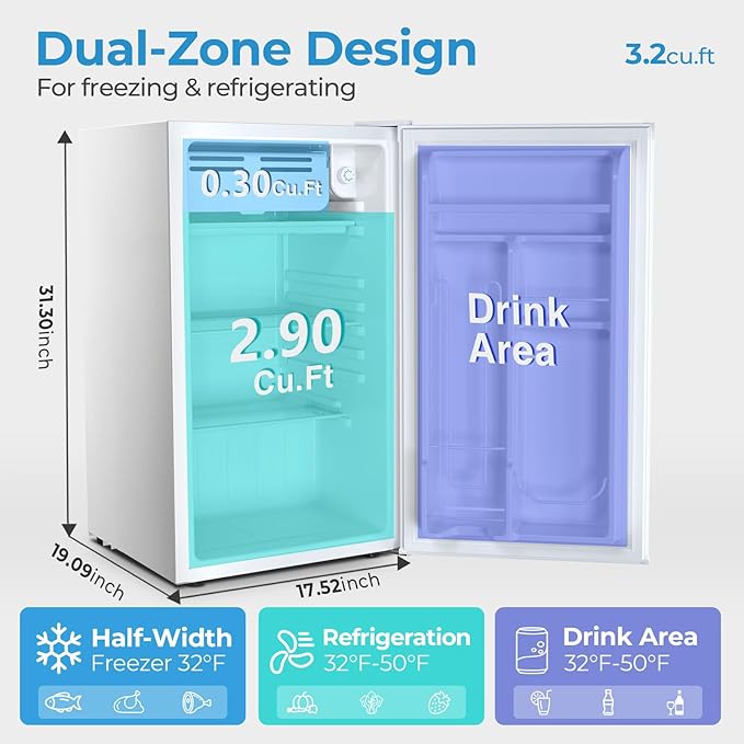 Antarctic Star 3.2 Cu.Ft. Mini Fridge with Freezer, Small Refrigerators with Adjustable Thermostat, Low Noise, Energy Saving, Compact Refrigerators for College Dorm, Office, Bedroom, Apartment, White