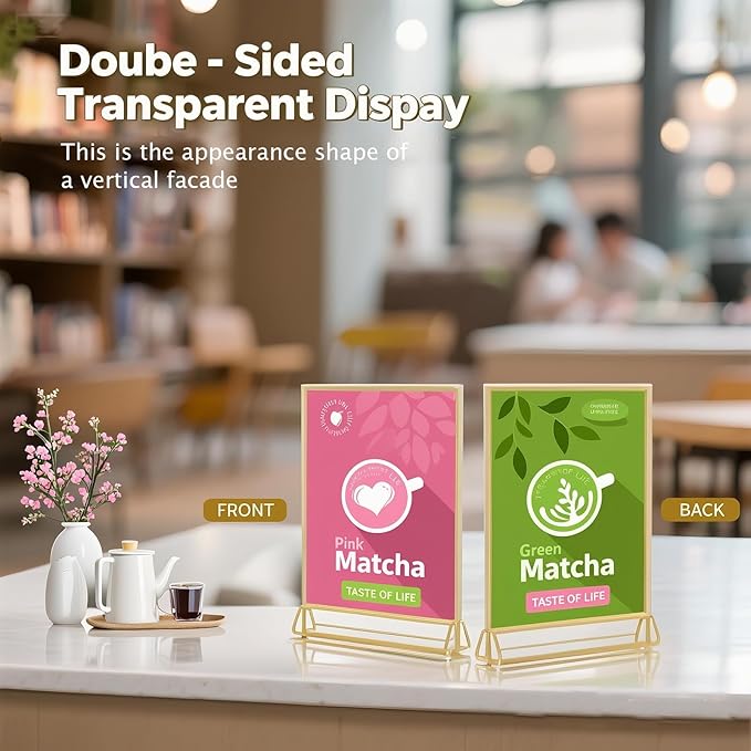 Acrylic Sign Holder 4x6 - 8 Pack Gold Picture Frame Double-Sided Table Sign Holder Vertical Display Stand Plastic Paper Holder -Vendor Booth Display Items Suitable for Wedding Office Store Party