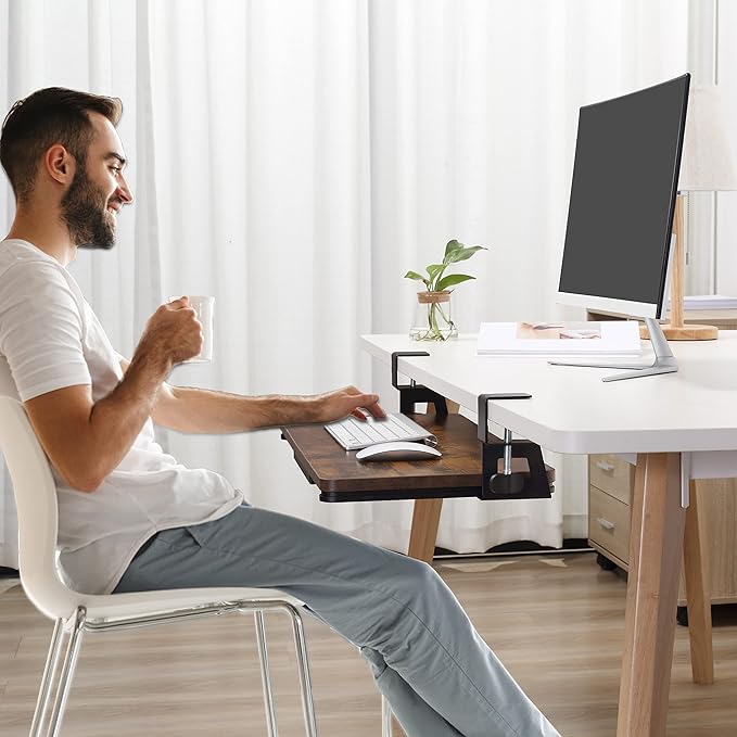 ETHU Keyboard Tray Under Desk, 19.7" X 11.81" Small Size Keyboard Drawer with C Clamp-on Mount Easy to Install, Computer Keyboard Stand Slide Pull Out, Ergonomic Keyboard Tray for Home, Office