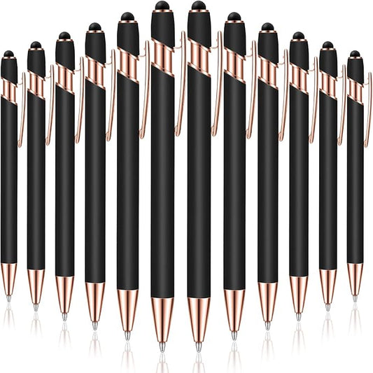 12 Pieces Ballpoint Pen with Stylus Tip, 1.0 mm Black Ink Metal Pen Stylus Pen for Touch Screens, 2 in 1 Stylus Ballpoint Pen (Black and Rose Gold)