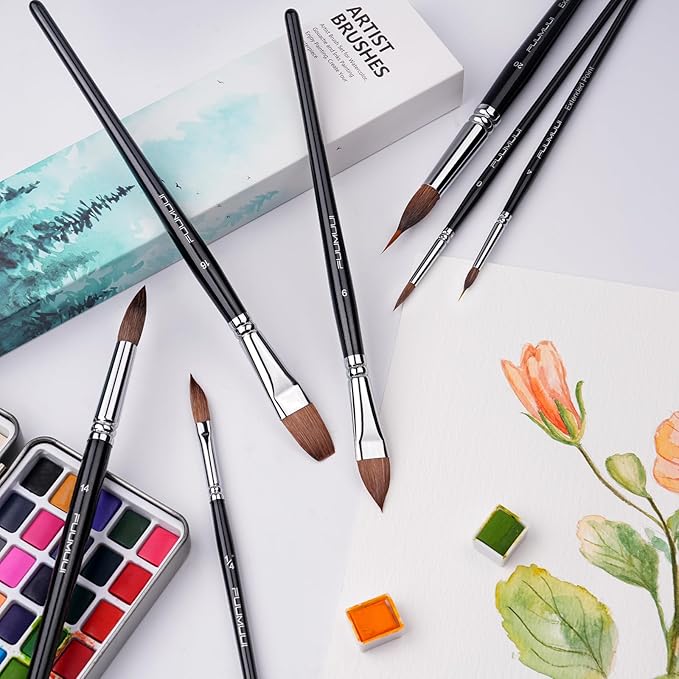 Sable Watercolor Brushes, Fuumuui 7pcs Professional Artist Paint Brushes Set with Extended Needle, Round Point, Flat, Dagger, Cat's Tongue for Watercolor, Acrylic, Gouache – Detail & Wash Painting
