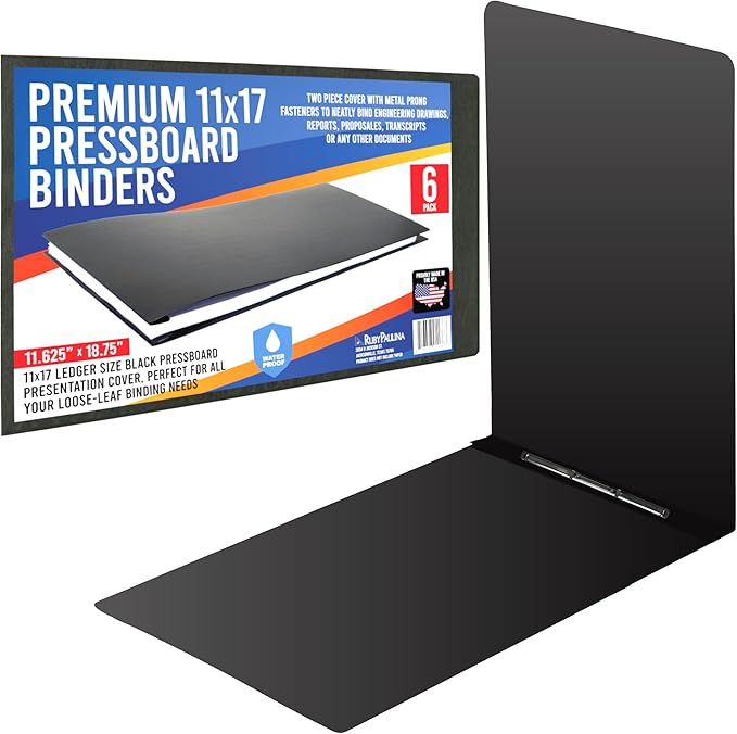 Premium 11x17 Pressboard Binder with High-Density Polyethylene - 3" Capacity, Crush Finish Exterior, Made in USA, Black - Pack of 6