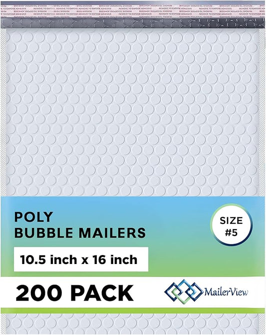 White 10.5x16 Inch Large Poly Bubble Mailers #5 | Padded Envelopes with Self Seal | Air Lined Cushioned Bubble Mailer | Usable Size 10.5x15 | 200 Pack Bulk | Lightweight shipping Bags