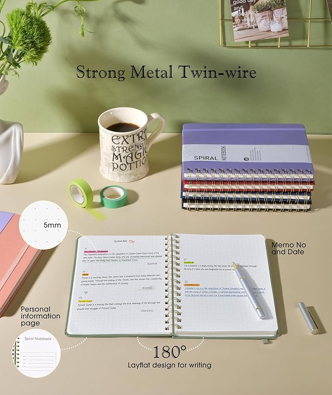 Dotted Spiral Journal Notebook, A5 Hardcover Spiral Journals for Women Men, 100 GSM Dot Grid Paper Notebooks, 150 Pages Spiral Bullet Dotted Notebook for Writing Note Taking 5.75" x 8.38", Sage Green