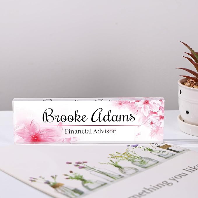 Custom Name Plate for Desk, Personalized Acrylic Office Name Sign with Name & Title, Elegant Desk Decor for Women Men, Employee Appreciation Gift (Pink-2)