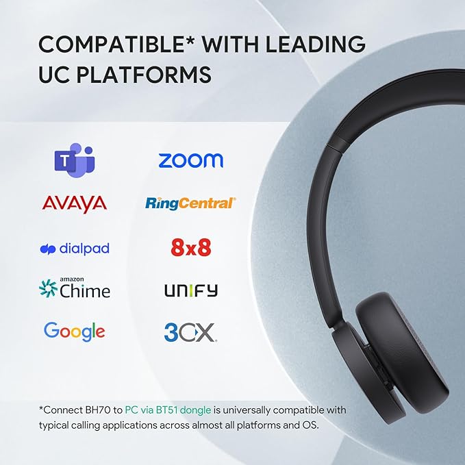 Yealink BH70 UC Wireless Bluetooth Headset with Microphone for Work, up to 35h Talking Battery, Teams UC Compatible Headsets for Computer Mobile, 147g Lightweight Headphone for Open Office 50m Range