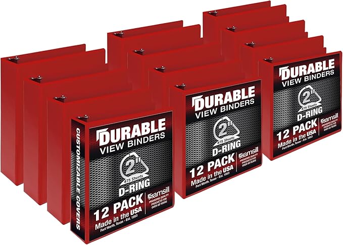 Samsill Durable 2 inch 3 Ring Binder, Made in USA, D Ring Binder, FSC 100% Recycled Chipboard, Red, 12 Pack