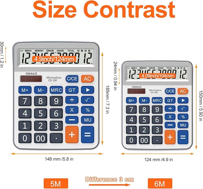 Desktop Calculator Extra Large 5-Inch Clear LCD Display 12-Digit Big Number Button Office Calculator with Auto Sleep Function (OS-5M)