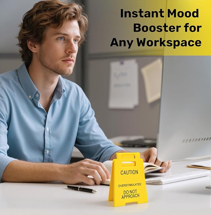 Caution Overstimulated Desk Sign, Funny Office Desk Decor for Work, Gag Sarcastic Gifts for Coworkers Teammates Employees Boss Women, Over Stimulated Do Not Approach Mini Caution Signs, Cubicle Decor Accessories, Funny Office Decorations