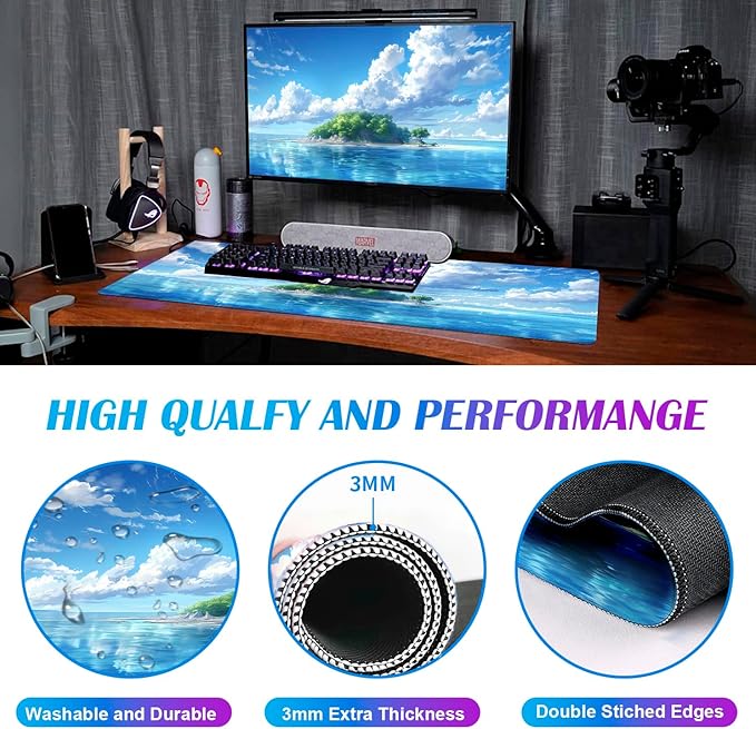 Healing Blue Sky Forest Sea Beach Scenery Keyboard Pad, Extended Office Computer Gaming Desktop Mouse Pad 35.4 x 15.7 Inches Non Slip Rubber Base with Stitched Edges