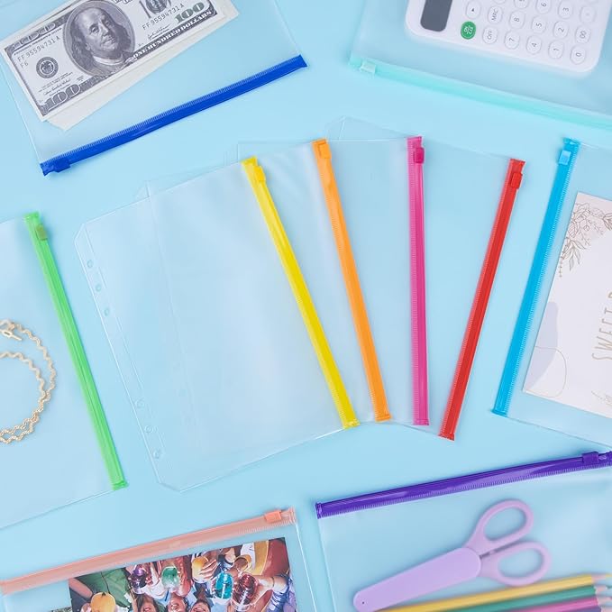 Antner 20PCS A5 Binder Pockets 6-Hole Cash Stuffing Envelopes for Money Saving, 10 Assorted Color Zipper Pouch Folders Budget Planner Inserts Loose Leaf Money Organizer Bags for A5 6-Ring Binder