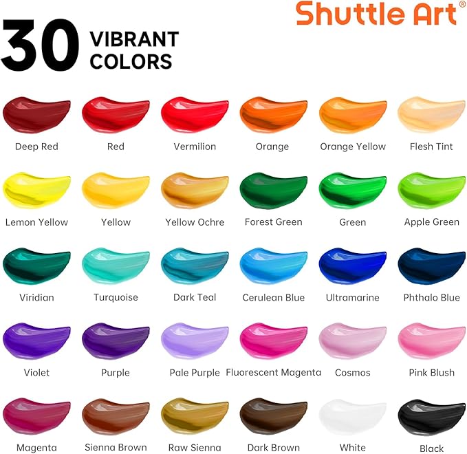 Shuttle Art 48 Pack Acrylic Paint Set, 30 Colors Acrylic Paint (36ml) with 10 Brushes 5 Canvas 1 Paint Knife 1 Palette 1 Art Sponge, Complete Set for Kids, Adults Painting on Canvas Rocks Wood Ceramic