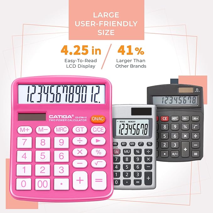 12 Digit Desktop Calculator with Large LCD Display and Sensitive Button, Dual Solar Power and Battery, Standard Function for Office, Home, School, CD-2786