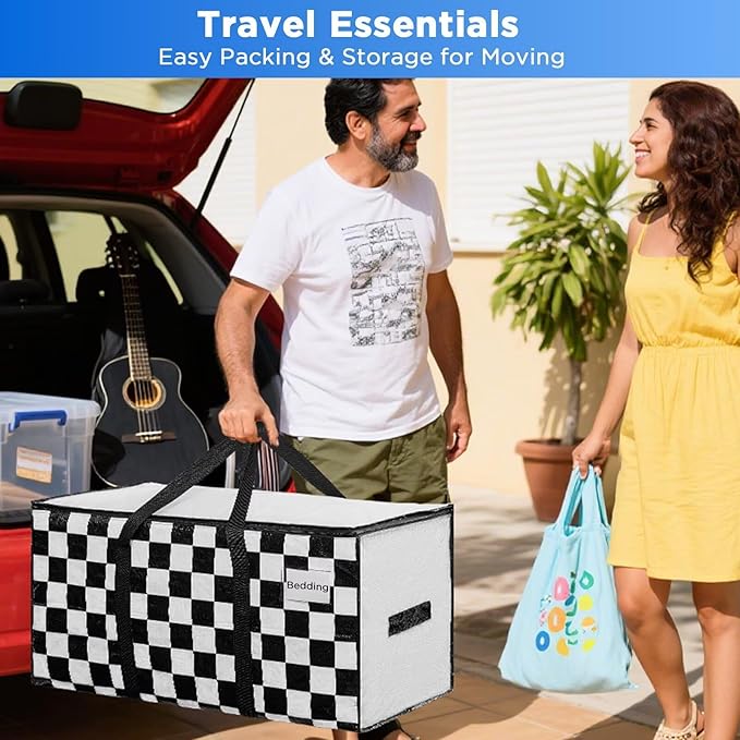 Extra Large Moving Bags Heavy Duty Storage Bags with Zipper Handles, BETU 1 Pack Clothes Storage Totes Bins Packing Moving Boxes, Moving Supplies for College Dorm Essentials, Space Saving,White Plaid