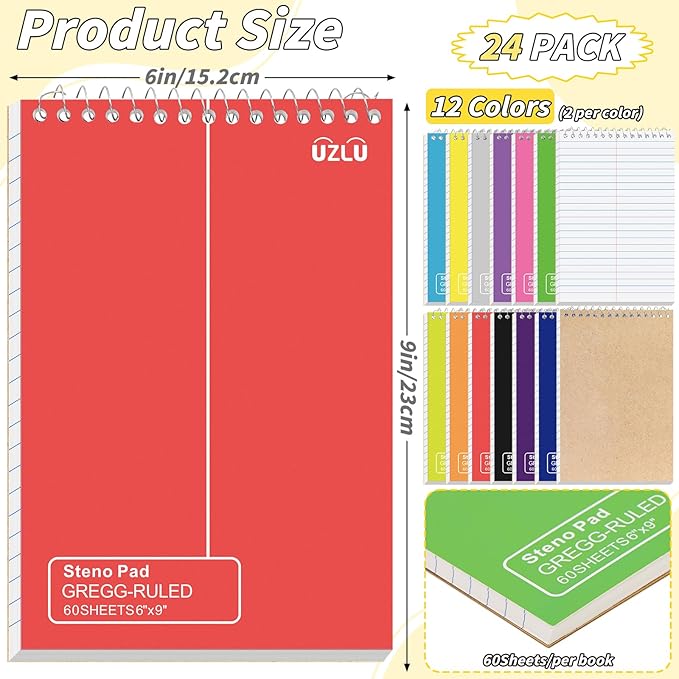 24 Pack Steno Pads 6 x 9 in Spiral Top Notebook Bulk 12 Assorted Color Note Pad 60 Sheets Gregg Rule Writing Paper Steno Notebooks for Students Teachers Men Women Professionals Office School Recording