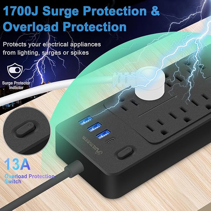 20 FT Power Strips with Surge Protection 1625W/13A, 10 Outlets with 4 USB Ports (1 USB C) Long Extension Cord with Multiple Outlets 14-in-1 1700J 16Awg Flat Plug Power Strip Protector Black ETL Listed