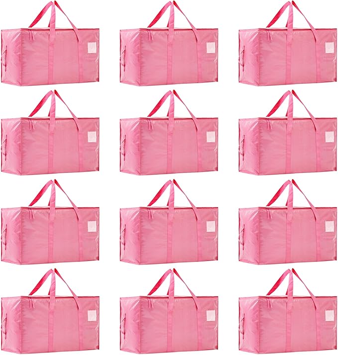Moving Bags Heavy Duty Extra Large, Moving Boxes, Moving Supplies Essentials, Storage Bins with Lids, Plastic Packing Totes, Storage Bags for Clothes with Handles & Zippers(Pink, 12 Pack)