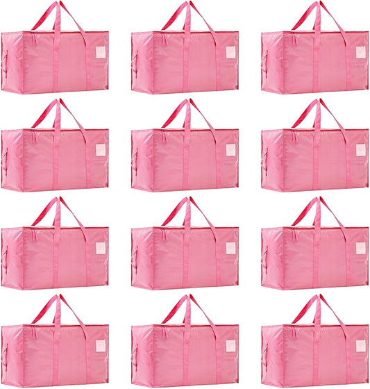 Moving Bags Heavy Duty Extra Large, Moving Boxes, Moving Supplies Essentials, Storage Bins with Lids, Plastic Packing Totes, Storage Bags for Clothes with Handles & Zippers(Pink, 12 Pack)