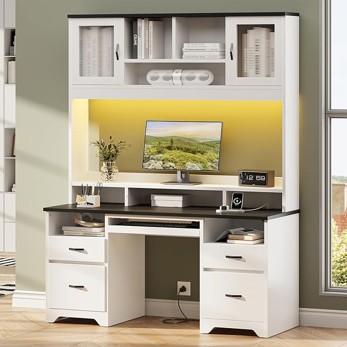 Bestier 77.8" H Executive Desk with Hutch, Modern Wood Computer Desk with Drawers, Charging Station, LED Light, Fluted Storage Cabinet, Keyboard Tray, 59" W Office Desk for Home Office, White