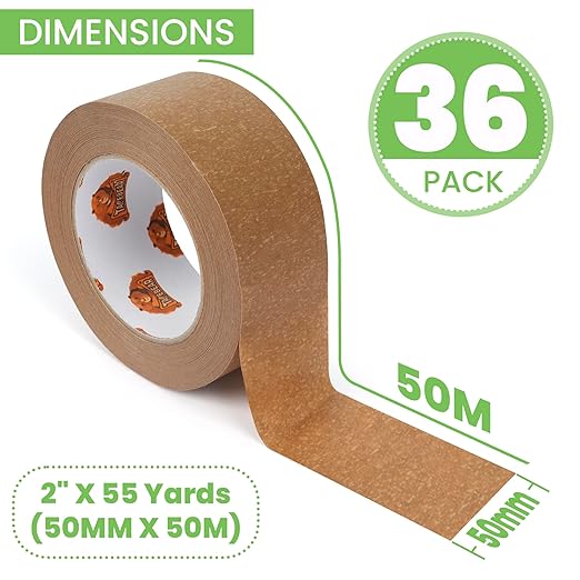 TAPEBEAR Eco-Friendly Kraft Paper Tape, Biodegradable Heavy Duty Packing Tape 2Inch x 55Yard, Recyclable Packaging Tape Self Adhesive Box Tape for Shipping, Sealing, Moving & Masking, 36Rolls