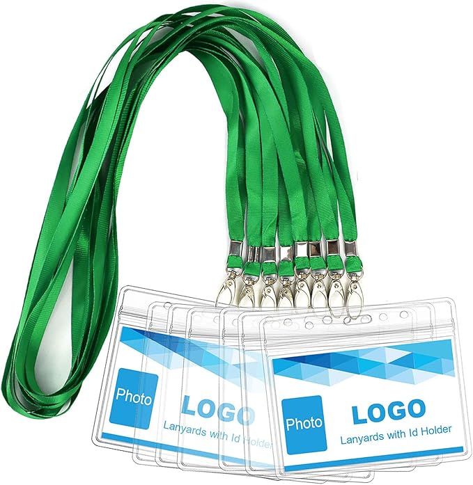 Lanyard with ID Holder 50 Pcs Waterproof Name Tag Badge ID Card Holders ID Pass Holder and 50 Pcs Flat Neck Lanyards Swivel Hook (Green, Horizontal)