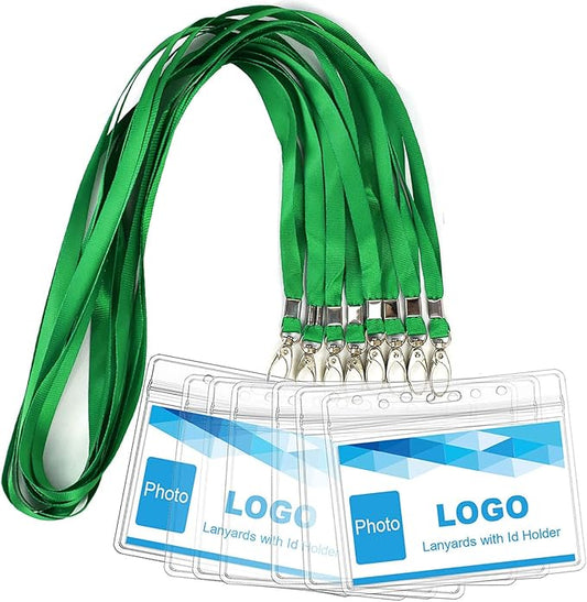 Lanyard with ID Holder 50 Pcs Waterproof Name Tag Badge ID Card Holders ID Pass Holder and 50 Pcs Flat Neck Lanyards Swivel Hook (Green, Horizontal)