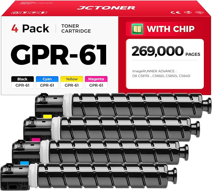 GPR-61 GPR61 Toner Cartridge Set 4-Pack with chip High Yield Replacement for Canon GPR-61 GPR61 3763C003AA for ImageRUNNER Advance DX C5840i C5850i C5860i C5870i Printer Ink Black Cyan Magenta Yellow