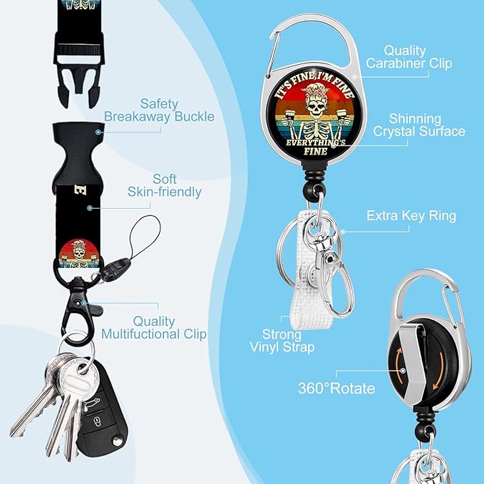 It`s Fine I`m Fine Lanyards for ID Badges, Funny Badge Reels Retractable Heavy Duty with 360° Swivel Carabiner Clip, Cute ID Clip ID Holder with Breakaway Lanyard
