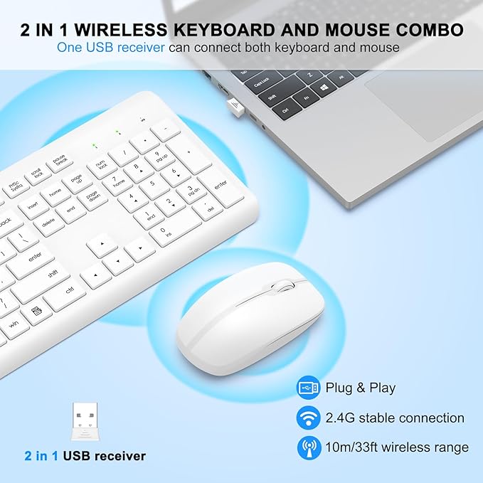 Wireless Keyboard and Mouse Combo, Full Size Silent Ergonomic Keyboard and Mouse, Long Battery Life, Optical Mouse, 2.4G Lag-Free Cordless Mice Keyboard for Computer, Mac, Laptop, PC, Windows(White)