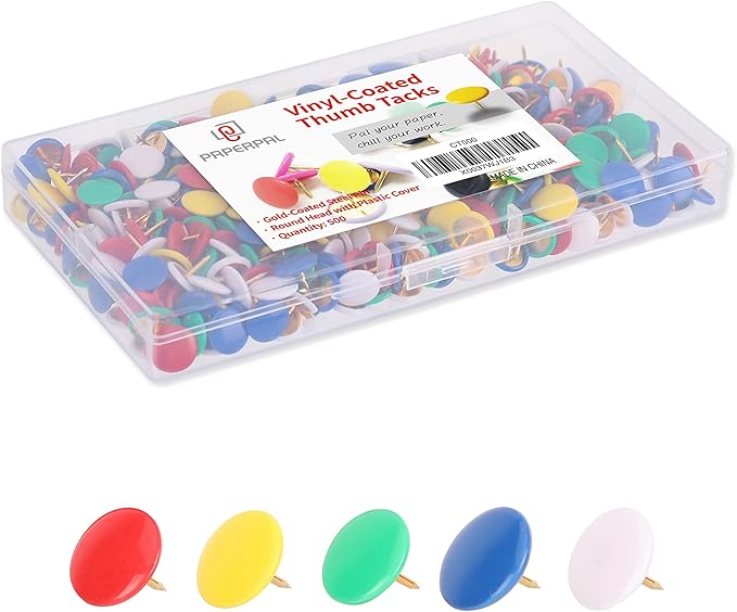 PAPERPAL 500 Vinyl-Coated Thumbtacks for Cork Board, Flat Thumb Tacks for Posters, Bulletin Board Tacks, Colorful Push Pins for Office School & Personal Use