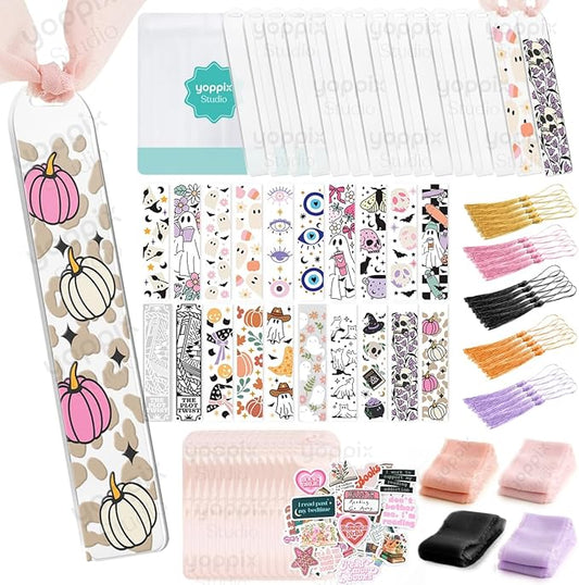 YOPPIX 180 Pcs Acrylic Bookmark Blanks- 20 Set Bookmark Making Kit with 20 UV DTF Stickers About Halloween Theme 20 Tassels 20 Ribbon 80 Bookish Stickers for DIY Your Crafts Gift for Book Lover