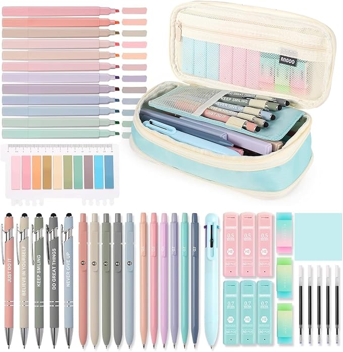 56 PCS Aesthetic School Supplies Cute Stationary Set with Pencil Case, Inspirational Ballpoint Pens, Highlighters, Black Ink Gel Pens,Mechanical Pencils 0.5-0.7mm, College Student Essentials (Blue)