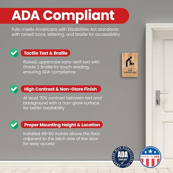 Promot Baby Changing Area Restroom Sign – ADA Braille Bathroom Sign for Business, Self-Adhesive, 9" x 6", Commercial Door Signage, Office Wall Decor - Oak