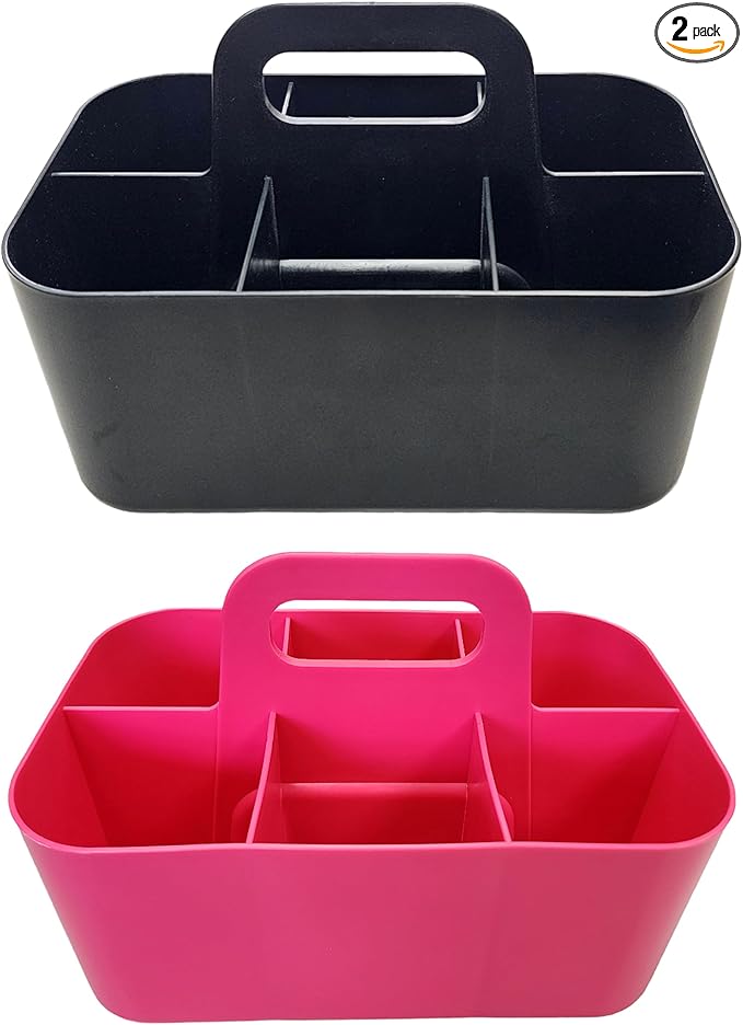 2 Pack Small 6 Compartment Multiuse Caddy Organizer with Handle Art Craft Supplies, Office, Desk, Stationery Pen Holder Stackable- Made In USA (Black/Pink)