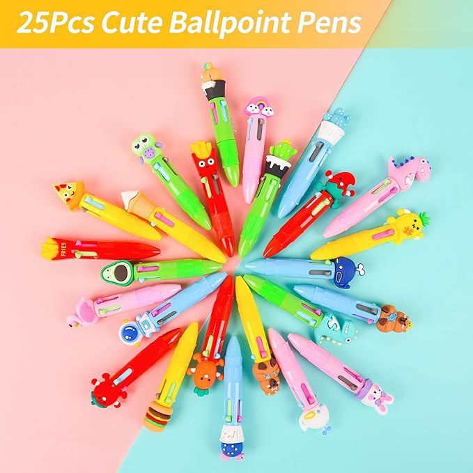 LiYiQ 25 PCS Multicolor Pen in One Fun 4-in-1 Cute Pens Bulk Kawaii Cool Ballpoint Pens for Kids Fun Gifts