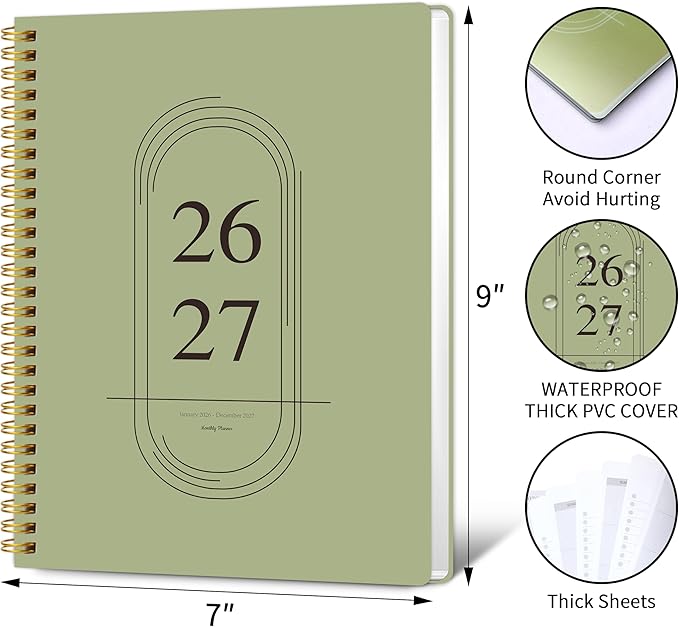 Monthly Planner 2026-2027 - 2 Year Monthly Planner Calendar 2026-2027, Jan. 2026 - Dec. 2027, 7.3" * 9.5", 24 Months Calendar Planner with Note Pages, for Office, School Home Planning - Green