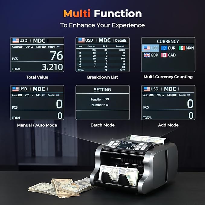MUNBYN IMC09 Mixed Denomination Money Counter Machine, Value Counting, UV/MG/IR/MT Bill Counter, 3.5" TFT Display Money Counting Machine Printer Enabled, USD, EUR, MXN Cash Counter for Business(Black)