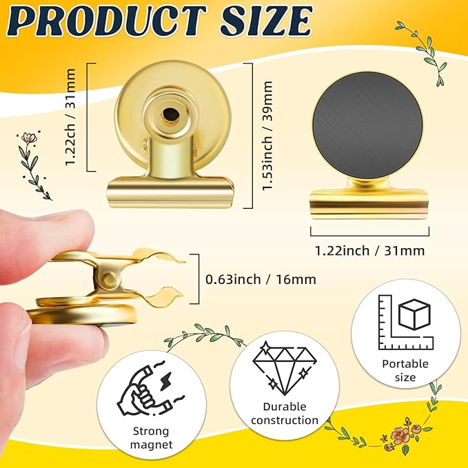 Grtard 24pack Luxurious Cute Gold Magnetic Clips, Strong Heavy Duty Scratch Free Refrigerator Magnet Clips, 24 Count